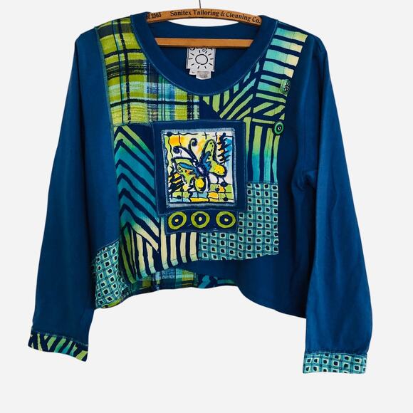 Vtg 90s Surya Boho Crop Top Blue Cotton Beads Butterfly Artisan - Picture 1 of 10